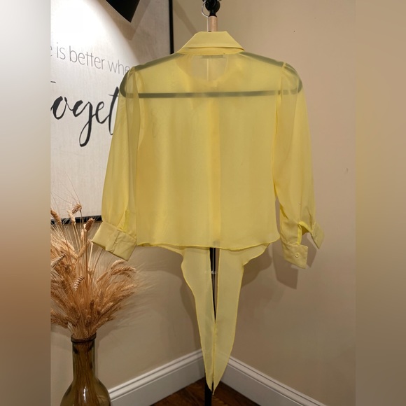 Women's Chic Half-Sleeved Chiffon-Mesh Button Down Yellow Shirt-Blouse-Top - Picture 6 of 12